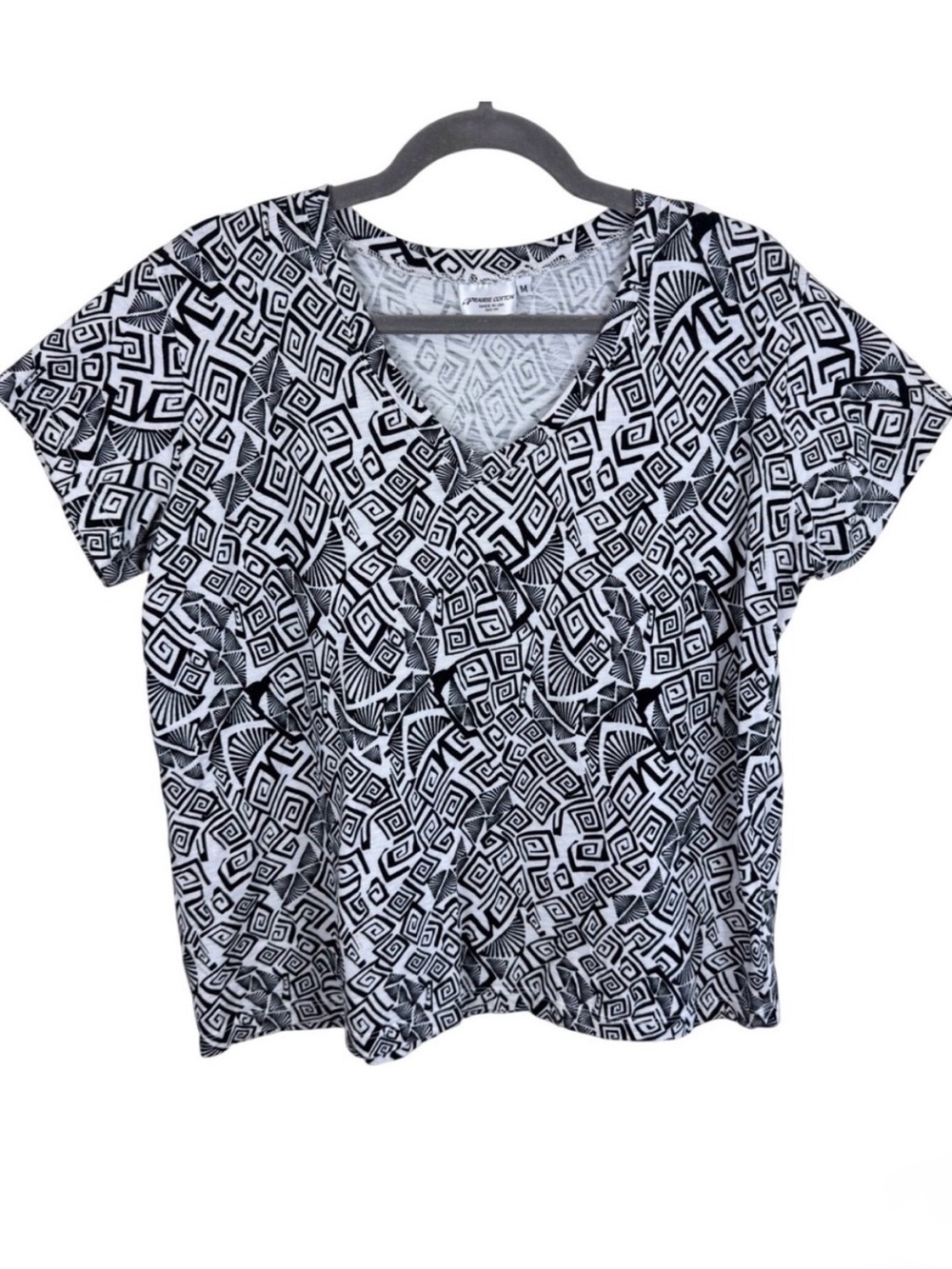 Prairie Cotton Womens Medium V-Neck Short Sleeve Geometric Print Top Black White